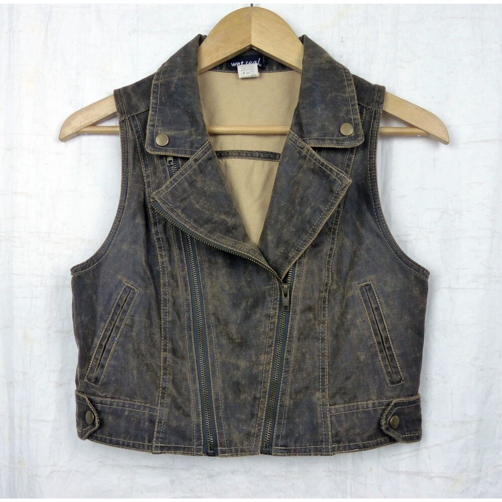 VTG Wet Seal Moto Vest Womens M Brown Distressed Faux Leather Look Y2K Grunge